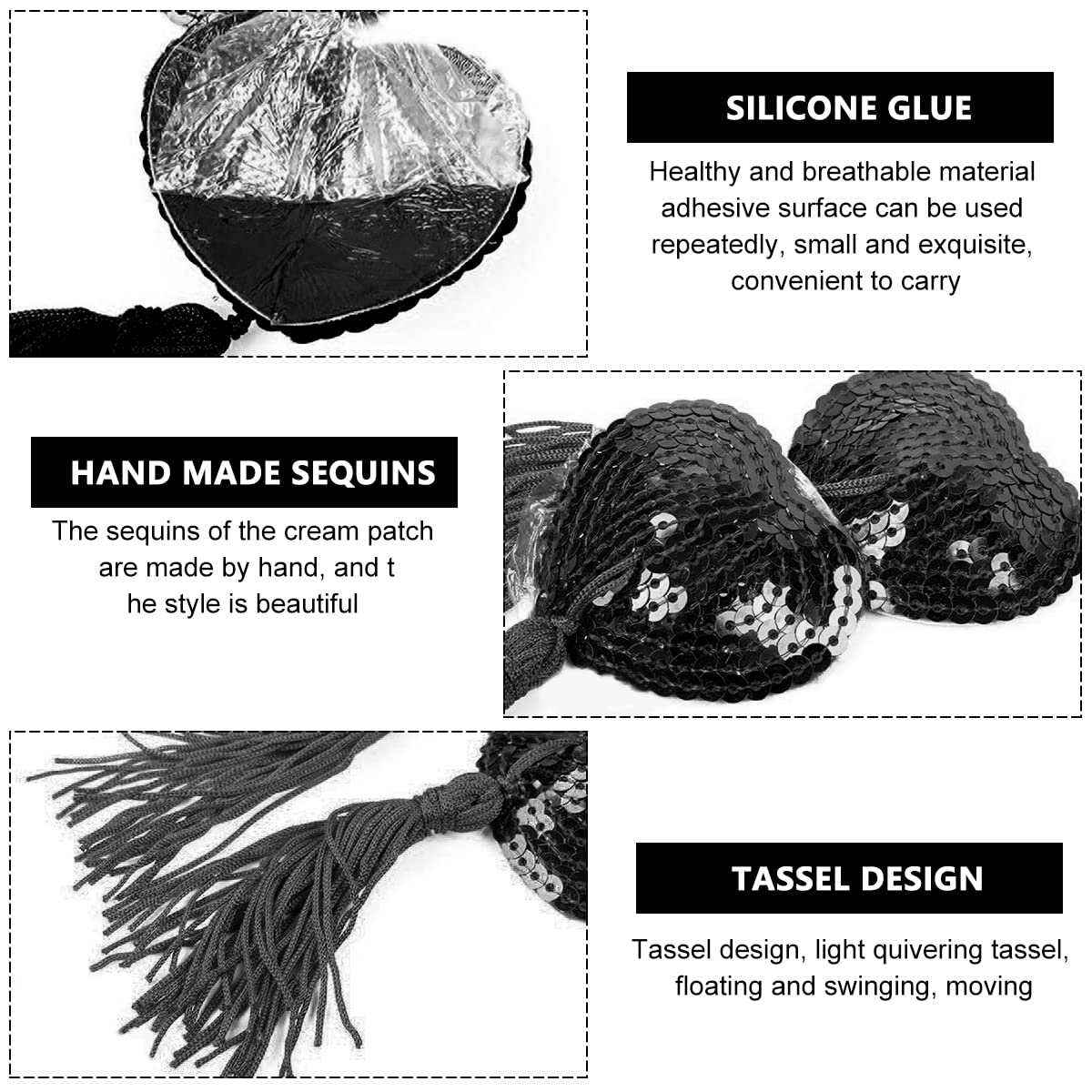 PALAY Nipple Cover for Party and Dance with 9 cm Tassel | Silicone Heart Black Pasties