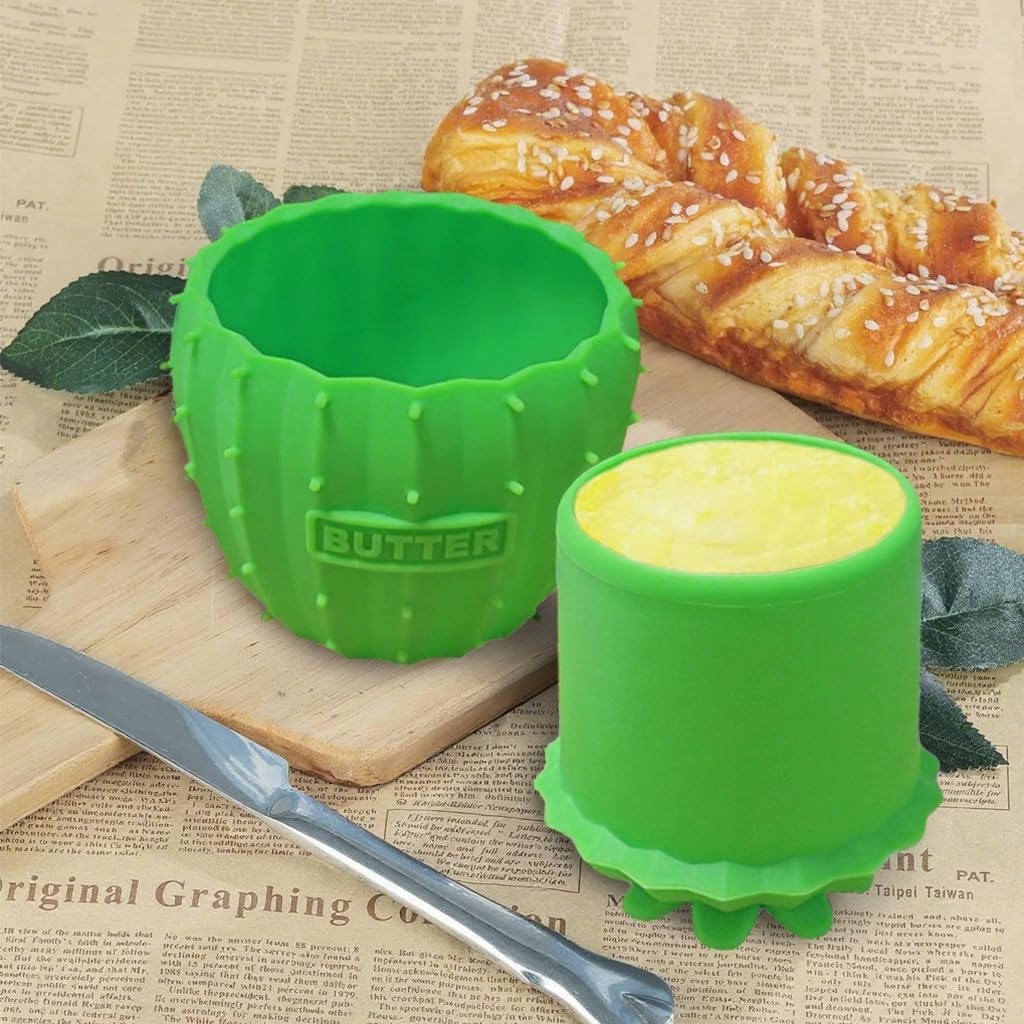 Supvox Cartoon Cactus Silicone Butter Jar for Kitchen Storage featuring Secure Lid 3.15x3.94 in | BPA Free Food Grade Green Container