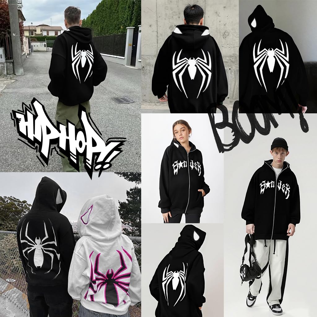 GUSTAVE Hoodie for Men and Women featuring Full Zip Face Cover | Spider Graphic Y2K Streetwear