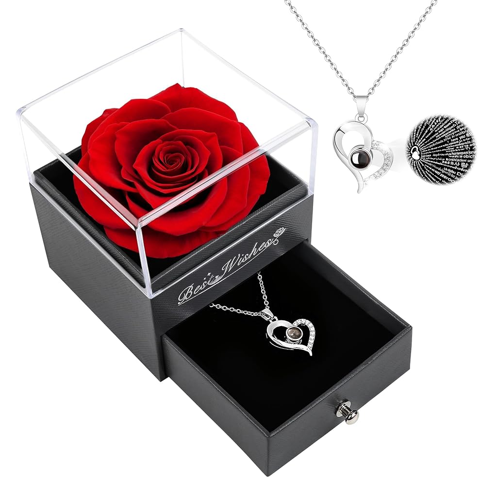 HASTHIP hristmas Rose Gifts For Women,Preserved Rose Birthday Gifts For Women,Red Preserved Flowers Gifts for Her,Fresh Real Rose Flower With Necklace for Mom,Grandma,Wife Gifts For Christmas