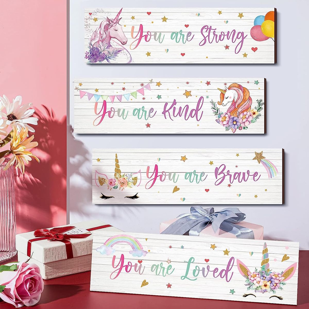 HASTHIP® 4 Pcs Unicorn Bathroom Wall Art, Wooden Wall Hangings for Home Decoration, Inspirational Wall Art Bedroom Decor for Girls Kids Bedroom, Unicorn Style, 11.8 x 3.9 Inch