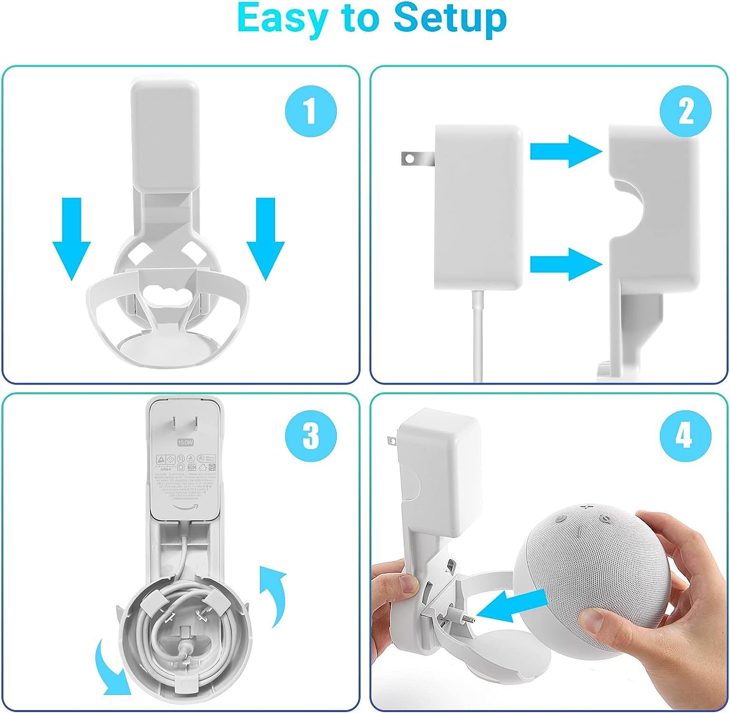 ZORBES Wall Adapter Holder for Echo Dot 4th and 5th Gen Smart Speaker Accessories with Built‑in Plug and Cable Management | 3PCS Set
