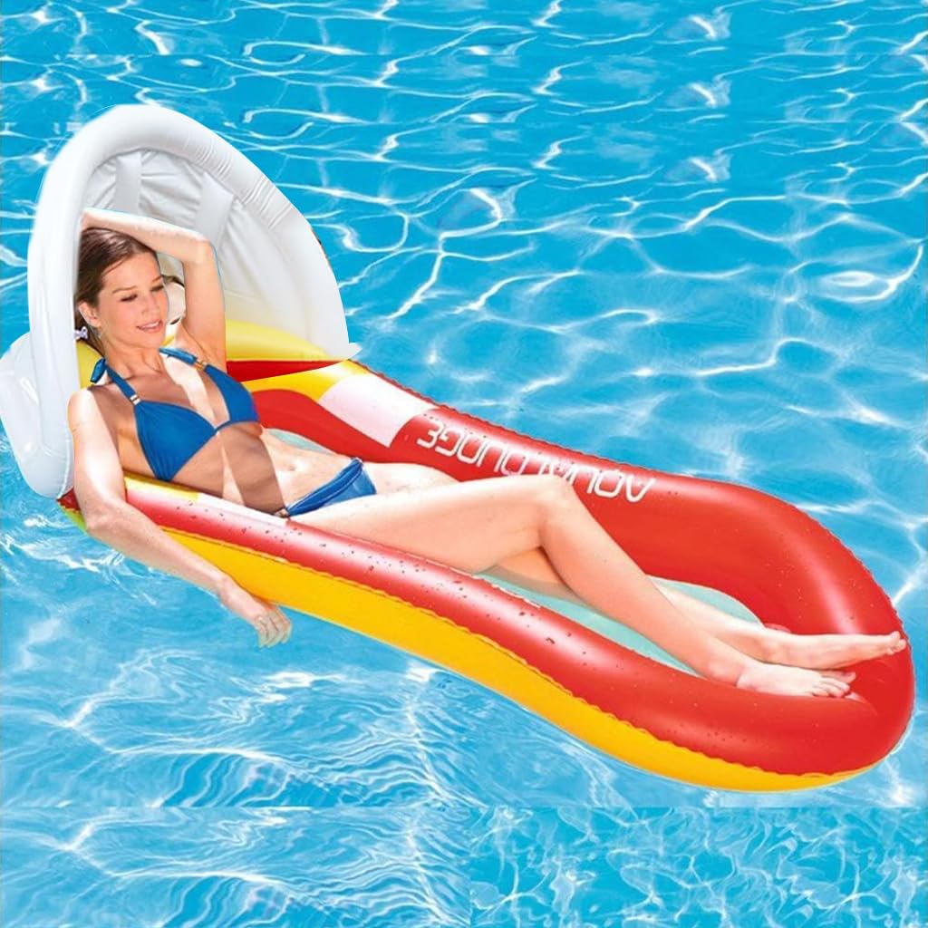 Proberos Inflatable Pool Lounger for Adults featuring Sun Visor and Headrest | 150x78cm PVC Floating Bed