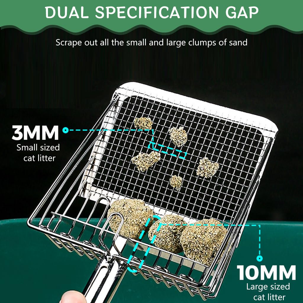 Qpets Cat Litter Scoop for Clumping Clay with Dual Size Gaps 0.3cm and 1cm | Full Metal