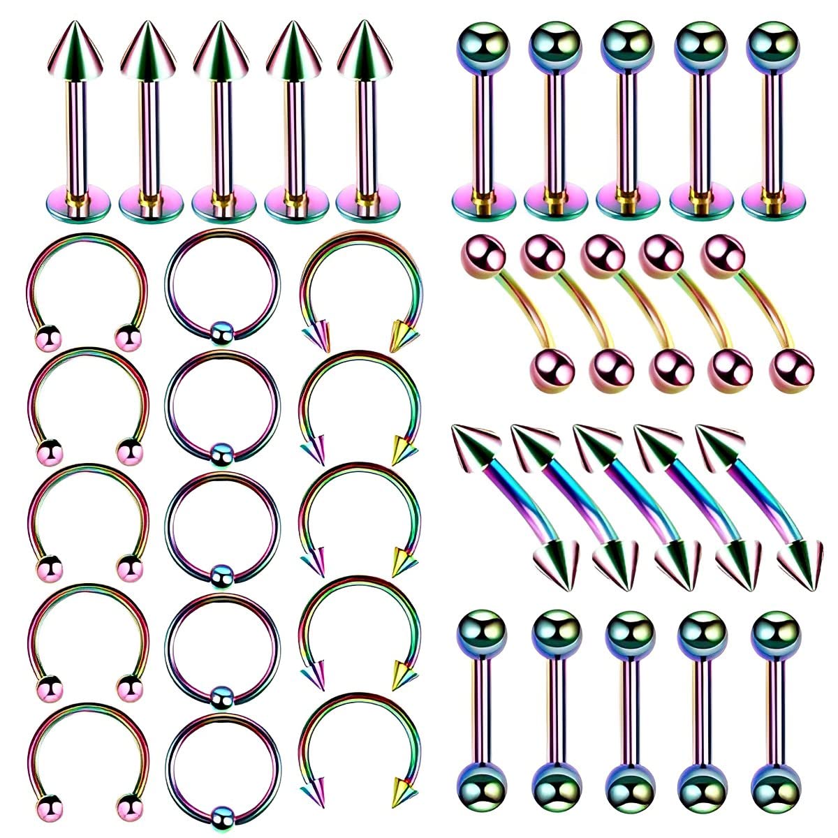 MAYCREATE Body Piercing Jewelry Set for Nose Lip Belly Ear | 40pcs Stainless Steel Studs