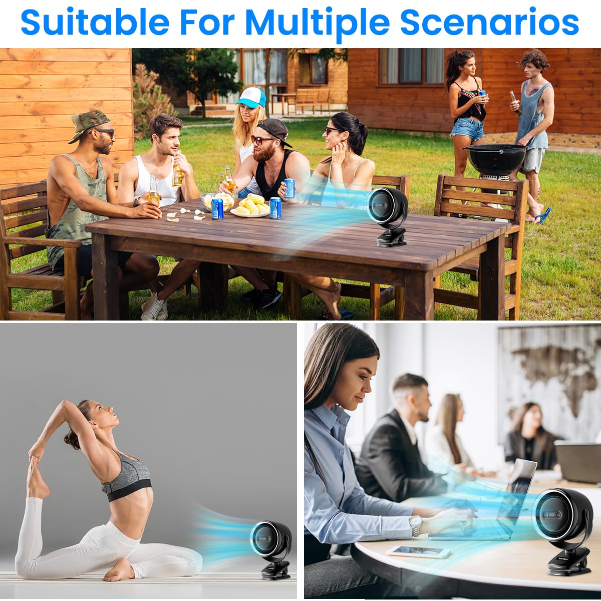 Verilux USB Mini Desk Fan for Home and Office with 7200mAh Battery featuring 360° Rotatable Clip | Night Light and Stepless Airflow Adjustment