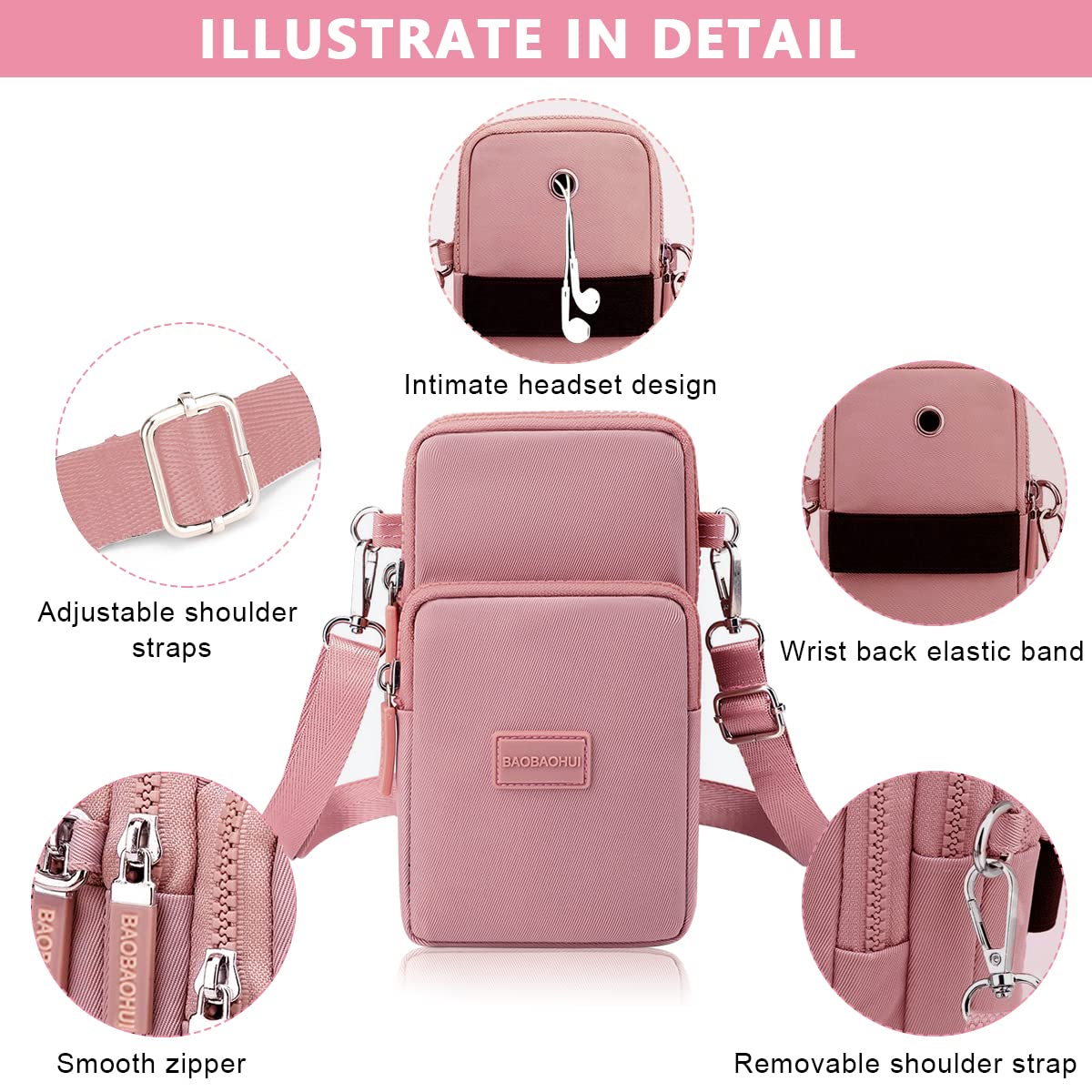 GUSTAVE® Pink Mini Wallet Shoulder Small Crossbody Phone Bag for Women with Earphone Cable Hole Wallet Clutch Bag for Women