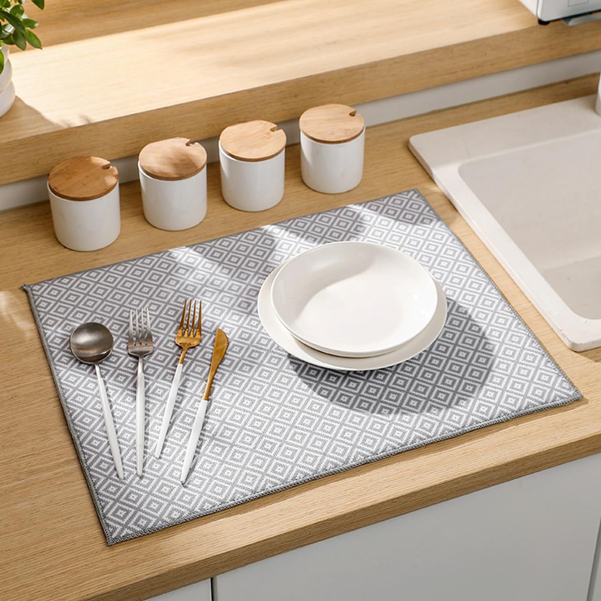 Supvox Dish Drying Mat for Kitchen Countertop with Absorbent Microfiber | 2 Pcs 14.9x19.6 in Grey