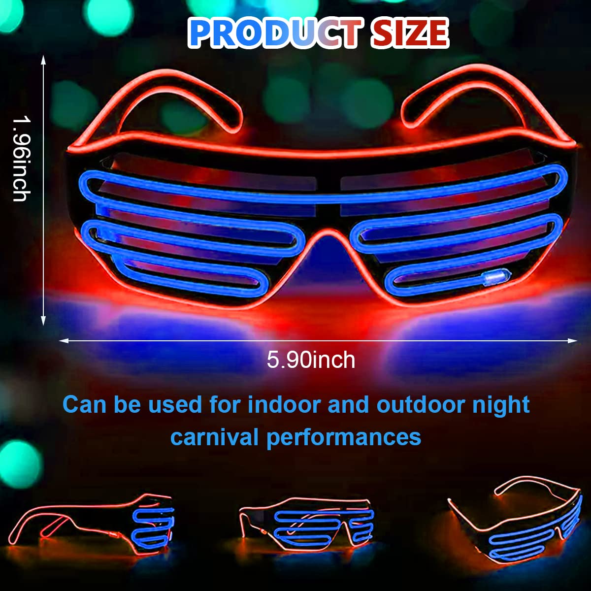 PATPAT Party Glasses, Light Up Flashing Shutter Neon Glasses, Two-Tone Glasses Glow in The Dark for Rave Party, Halloween, Christmas, 3 Light Modes (Red- Blue)