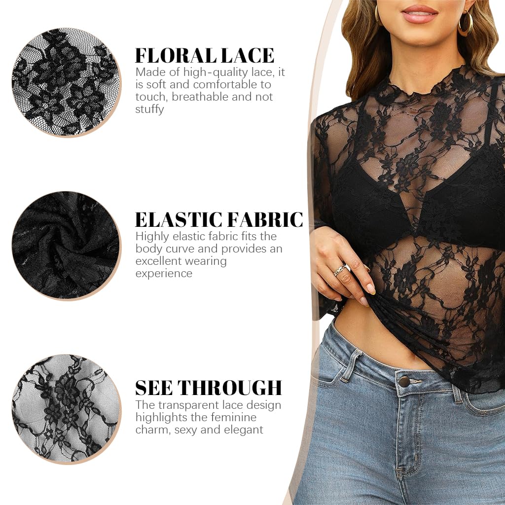 SANNIDHI Mesh Long Sleeve Top for Women featuring Floral Lace Embroidery | Sheer Mock Neck Blouse