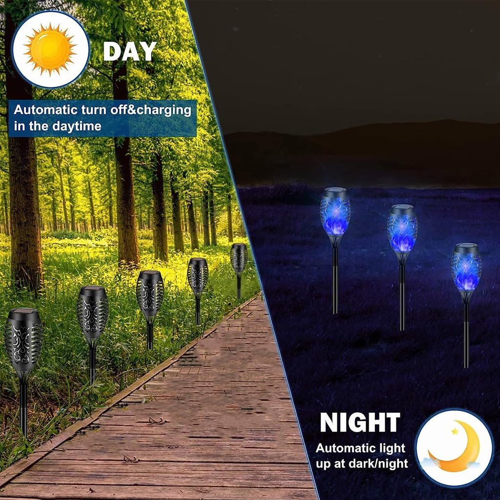 Qpets Solar LED Garden Lights for Outdoor Decor with Flickering Flame Effect | 4pcs Blue IP65 Waterproof Lamps
