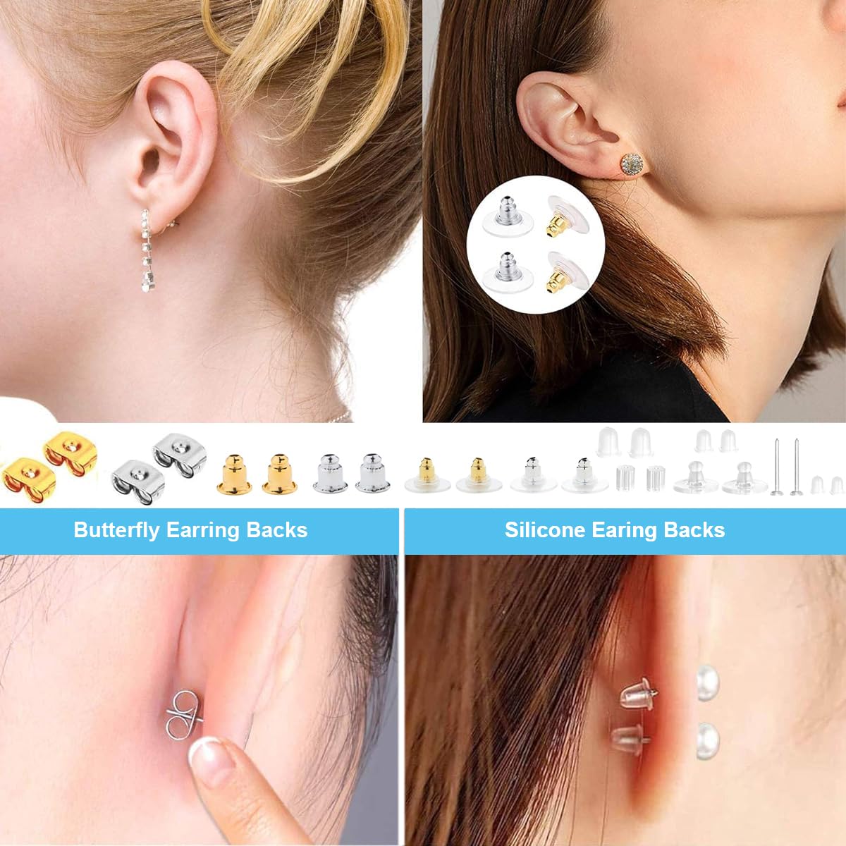 MAYCREATE Earrings Back Stopper for Studs with 600 pcs 12 Styles Silicone Backs | with Storage Box