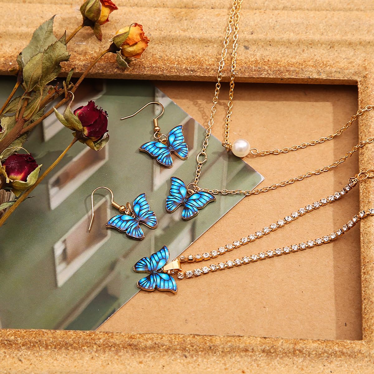 SANNIDHI Butterfly Jewelry Set for Women with Layered Pearl Necklace & Bracelet | Gift-Ready 3 Pcs Gold Alloy Accessory