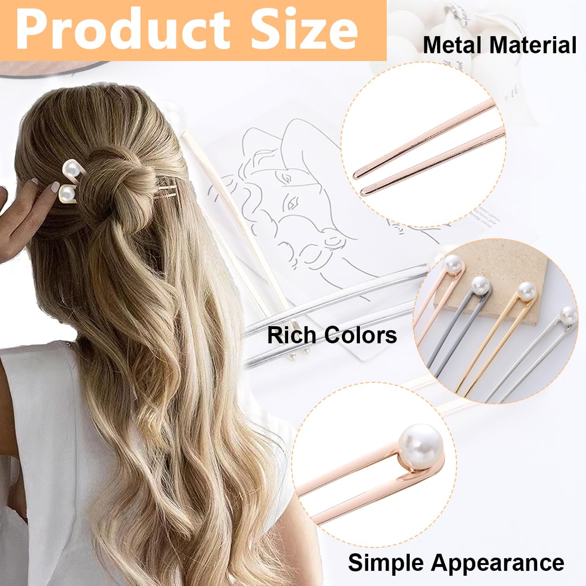 MAYCREATE® 4Pcs Pearl Hair Stick for Buns, Metal Juda Pin U Pin for Hair, 5.8in Large Hair Pins for Women Stylish Chignon Hair Bun Stick Hair Bun Accessories Girls Gift