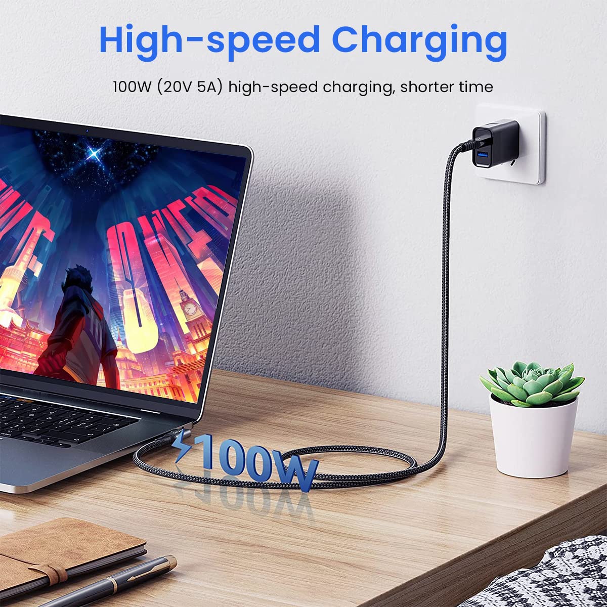 Verilux® Type C to Type C Cable 100W Fast Charging 10Ft USB C Cable L Shape USB 3.1 Gen 2 10Gbps Data Transfer Supports 4K HD Video Output Thunderbolt 3 Compatible with MacBook Pro/Air, Oneplus nord