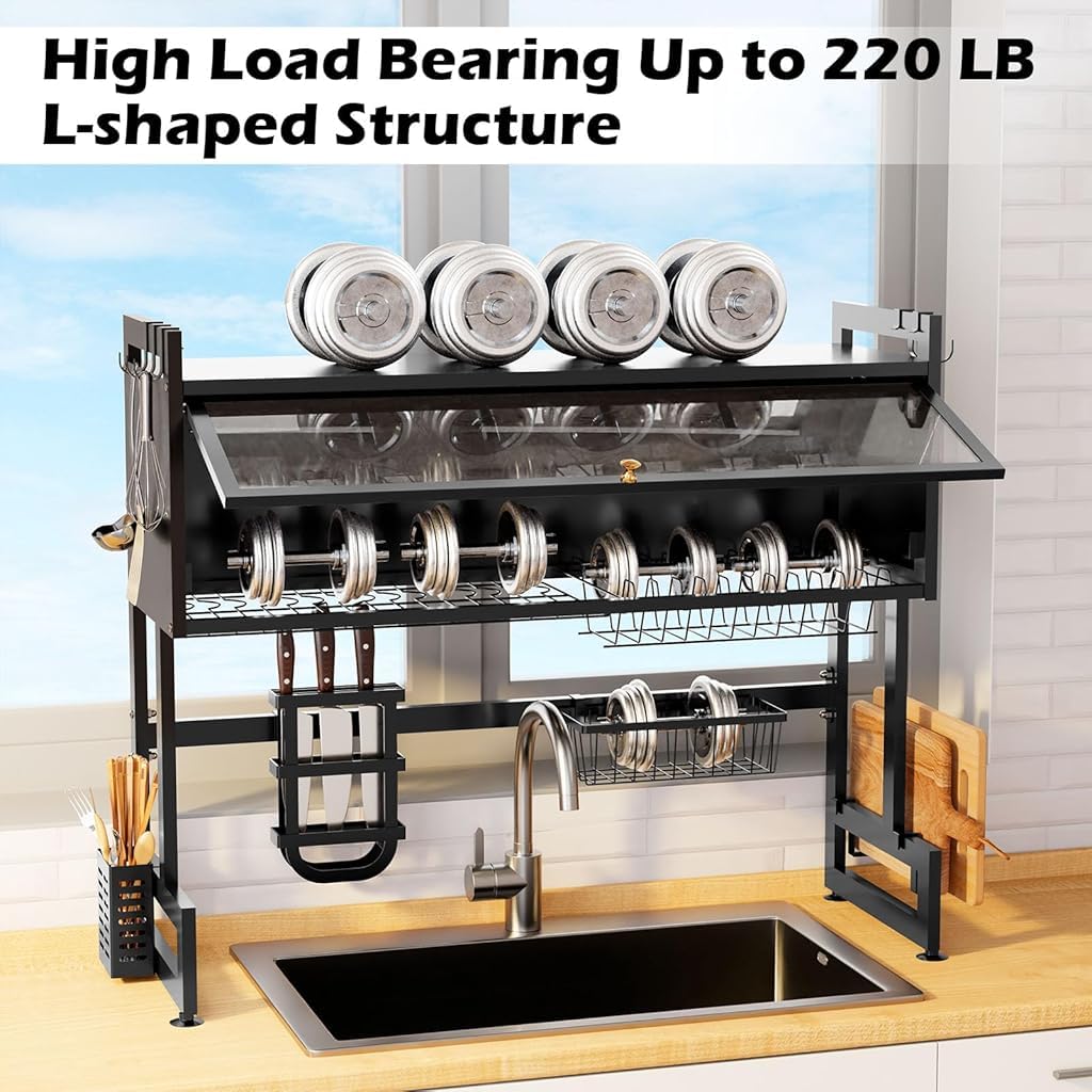 HASTHIP Over Sink Kitchen Organizer for Cutlery and Dishes featuring 2 Tier Carbon Steel Rack