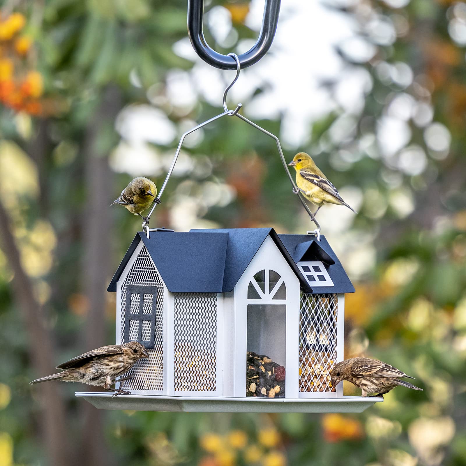 ZIBUYU Hanging Bird Feeder for Tree with 3 Compartment Metal Hut Design and Roof | Decorative Outdoor Feeder for Gardens and Patios