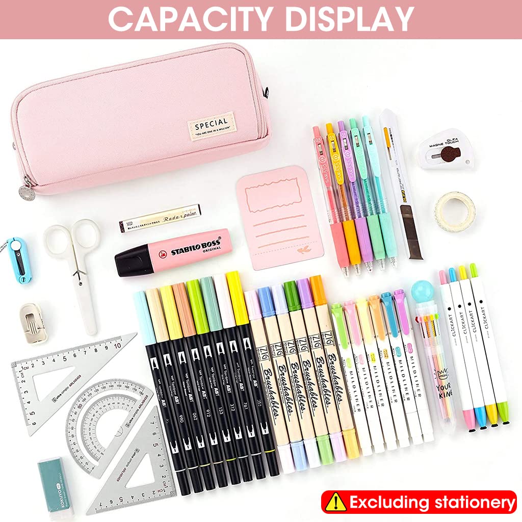 HASTHIP Pencil Case for School and Office with 3 Zippers and 21x5x9cm Capacity | Pink Multi Compartment Pouch