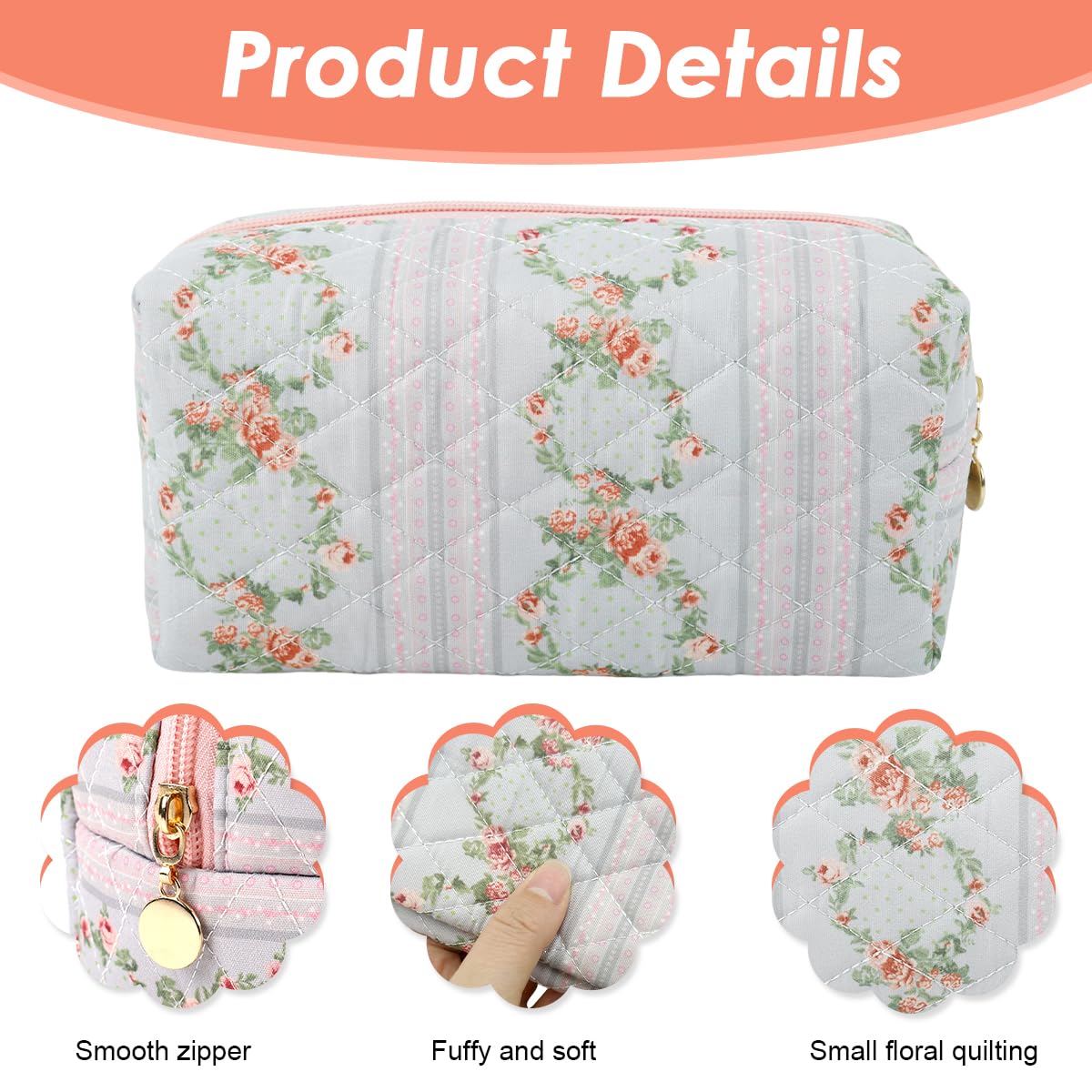 MAYCREATE Makeup Pouch Bag for Travel and Daily Use with Zipper Closure 20.5x9x9.5cm | Soft Floral Organizer for Women