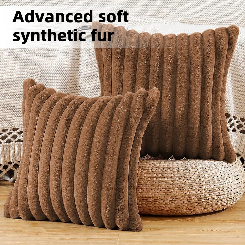 HASTHIP Faux Rabbit Fur Cushion Covers 18x18 Inch with Hidden Zipper | Khaki Set of 2