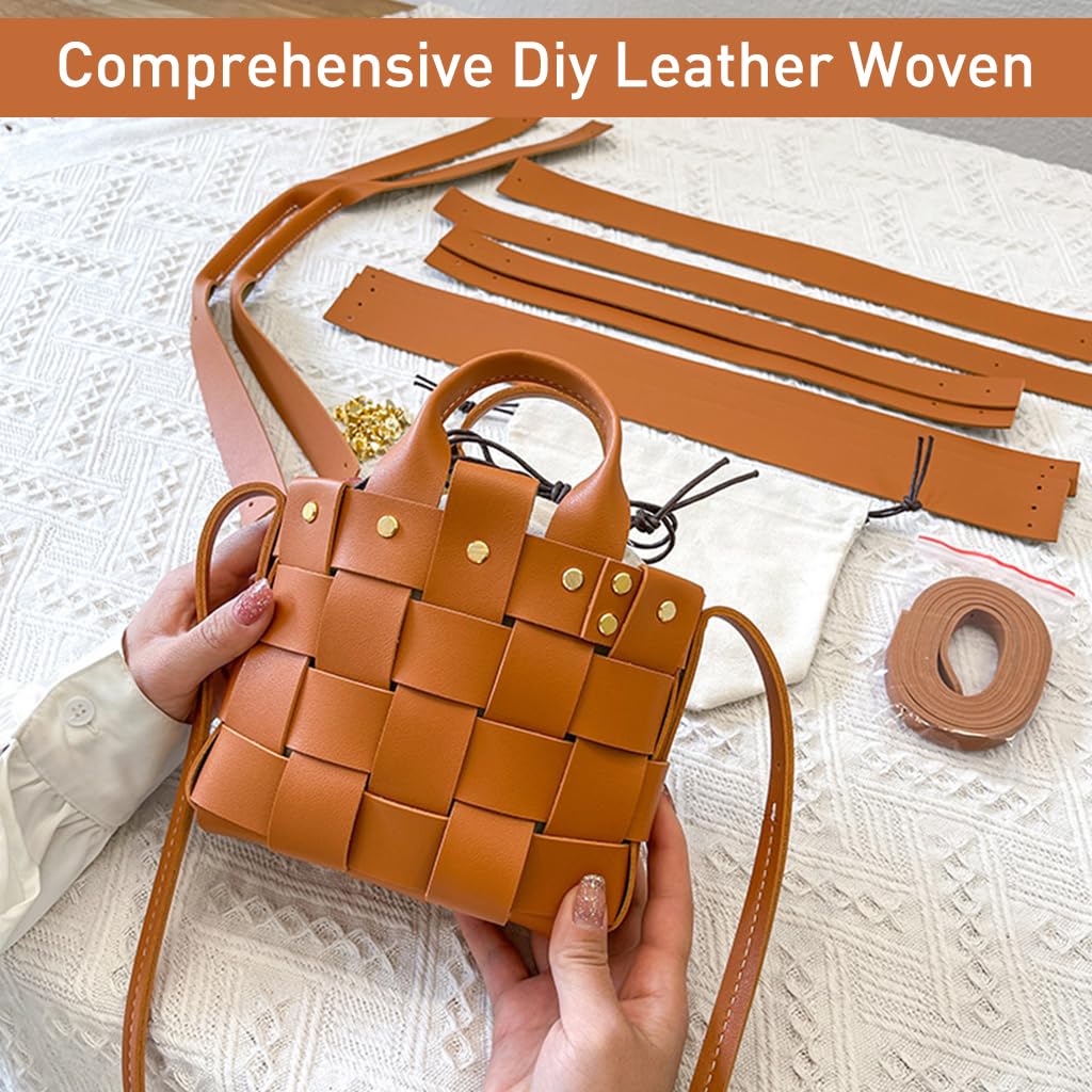 HASTHIP® DIY Leather Craft Handmade Woven Handbag with Drawstring Liner Bag Beginners DIY Leather Handbag Material Kit DIY PU Crossbody Bag with Shoulder Straps Fashion DIY Handmade Bag Gift