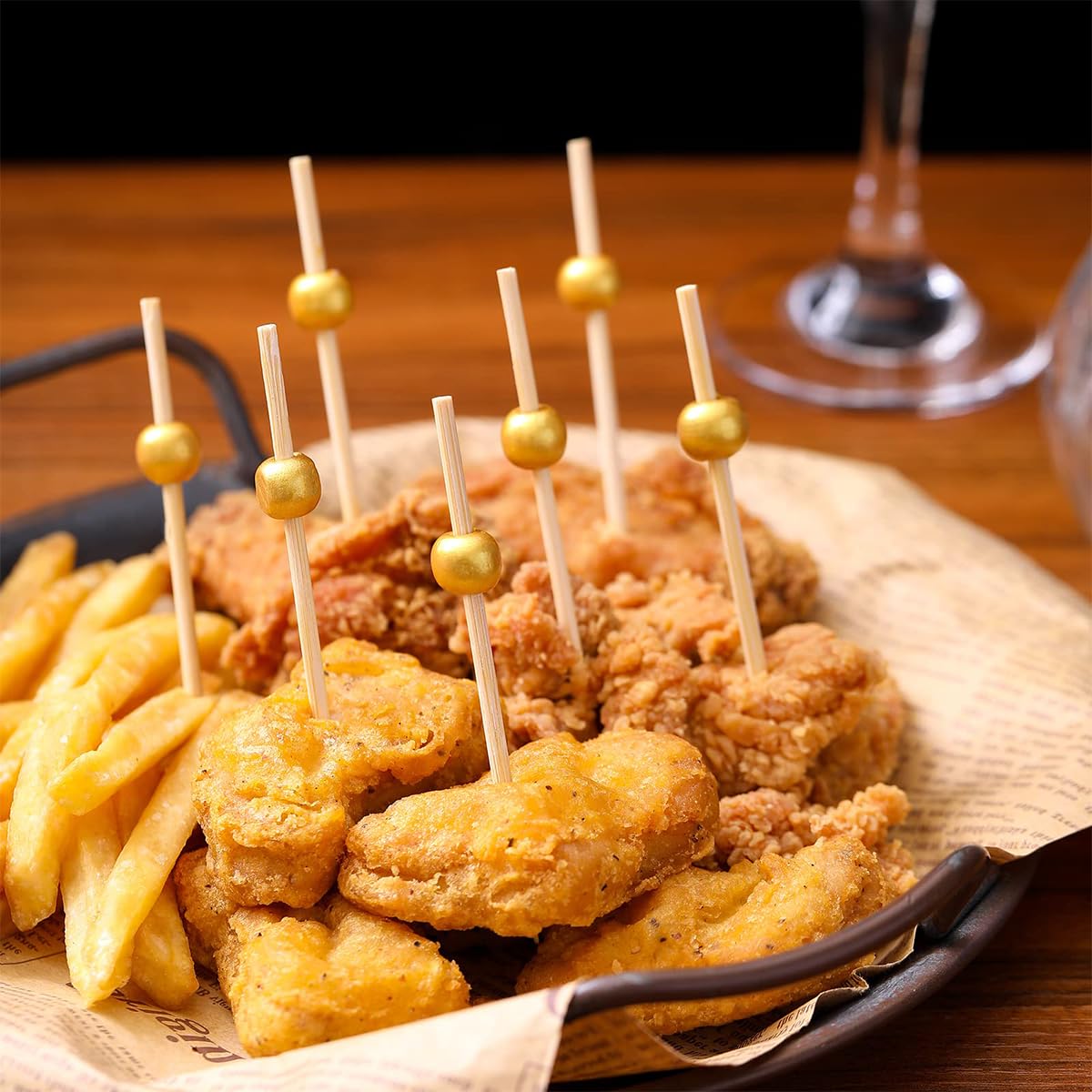 Supvox Fruit Picks for Parties and Appetizers featuring Golden Bead Design | 100 pcs 4.7 in Bamboo