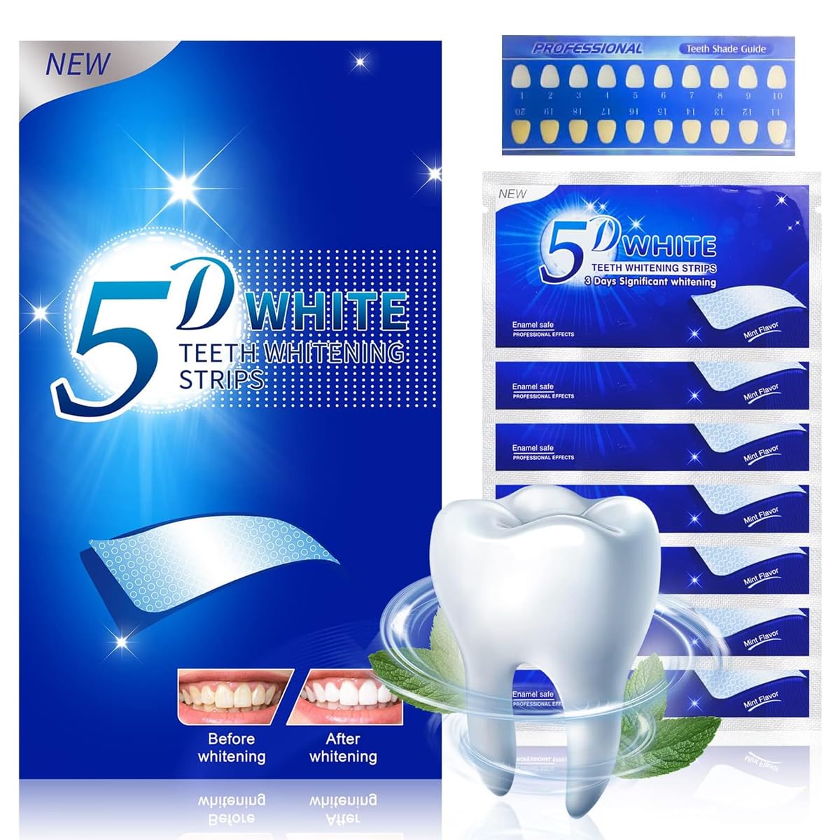 HANNEA® 14 Pairs Teeth Whitening Strip 5D Shimmer White Tooth Stickers with Teeth Shade Chart Professional Teeth Whitening Strip for Senstive Teeth Separate Package