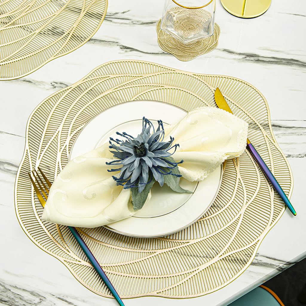 ZIBUYU Table Mats for Dining Table Set of 4 featuring 15 inch Round Rose Cutwork PVC | Golden Heat Resistant Non Slip Design