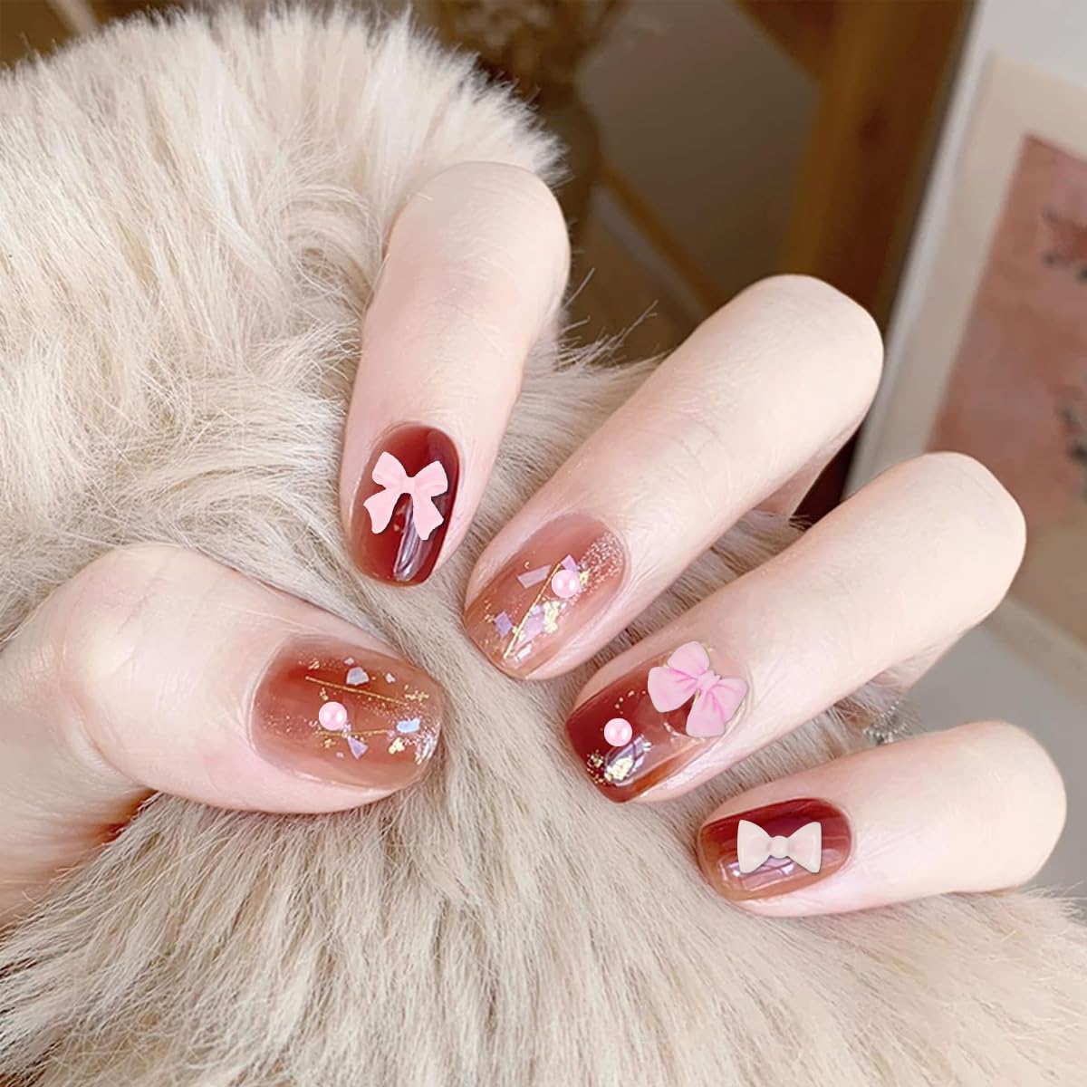 MAYCREATE Bow Nail Charms for DIY Nail Art with 6 Styles and Flatback Pearls | Pink Decoration