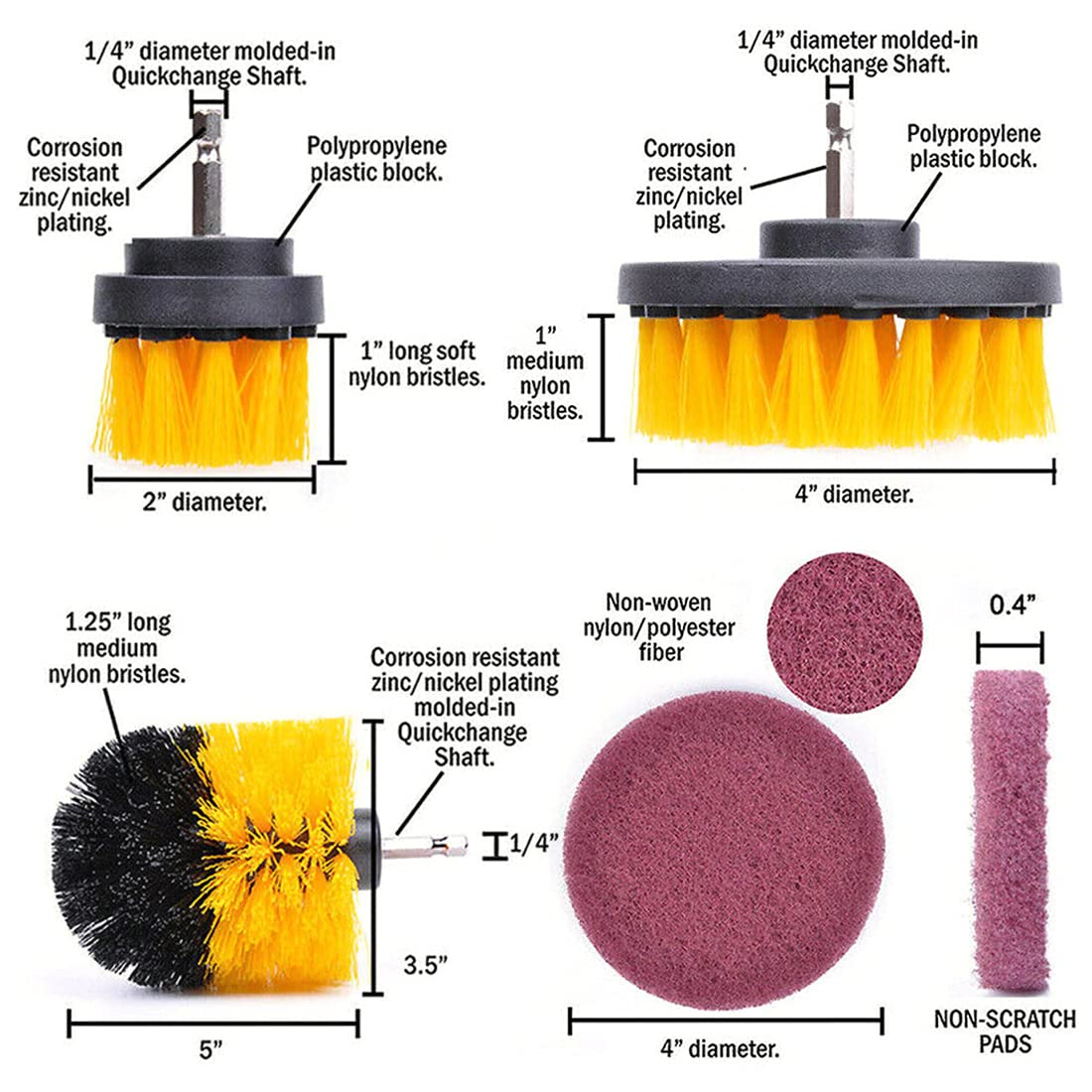 ZIBUYU Drill Brush Set for Cleaning Brush Kit Scouring Pad Scrubber Brush Kit for Drill Machine Nylon Bristles Drill Brush Attachment Kit for Bathroom Surfaces, Floor, Tub, Shower, Tiles - 6 Pcs