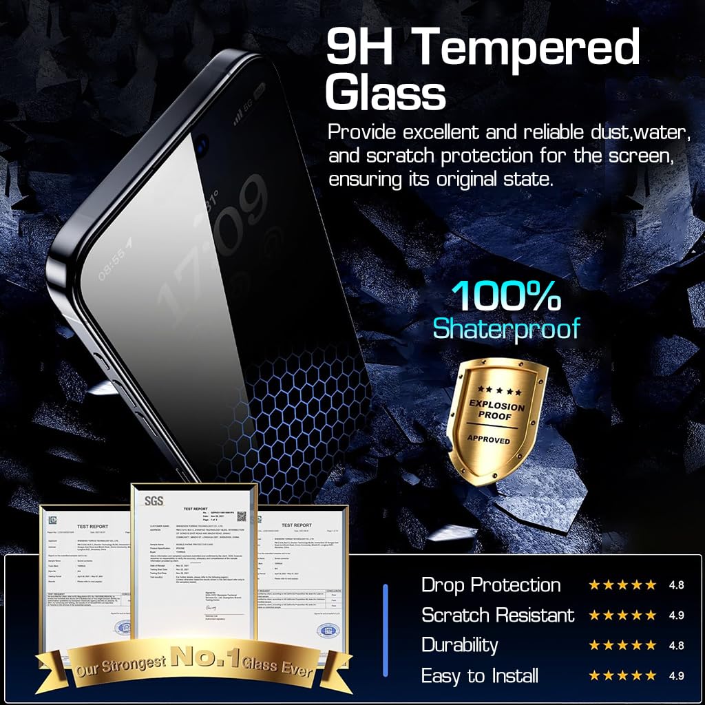 ZEITEL Privacy Tempered Glass Screen Guards for iPhone 15 Pro Max with 9H Protection | 2 Pack and Installation Frame