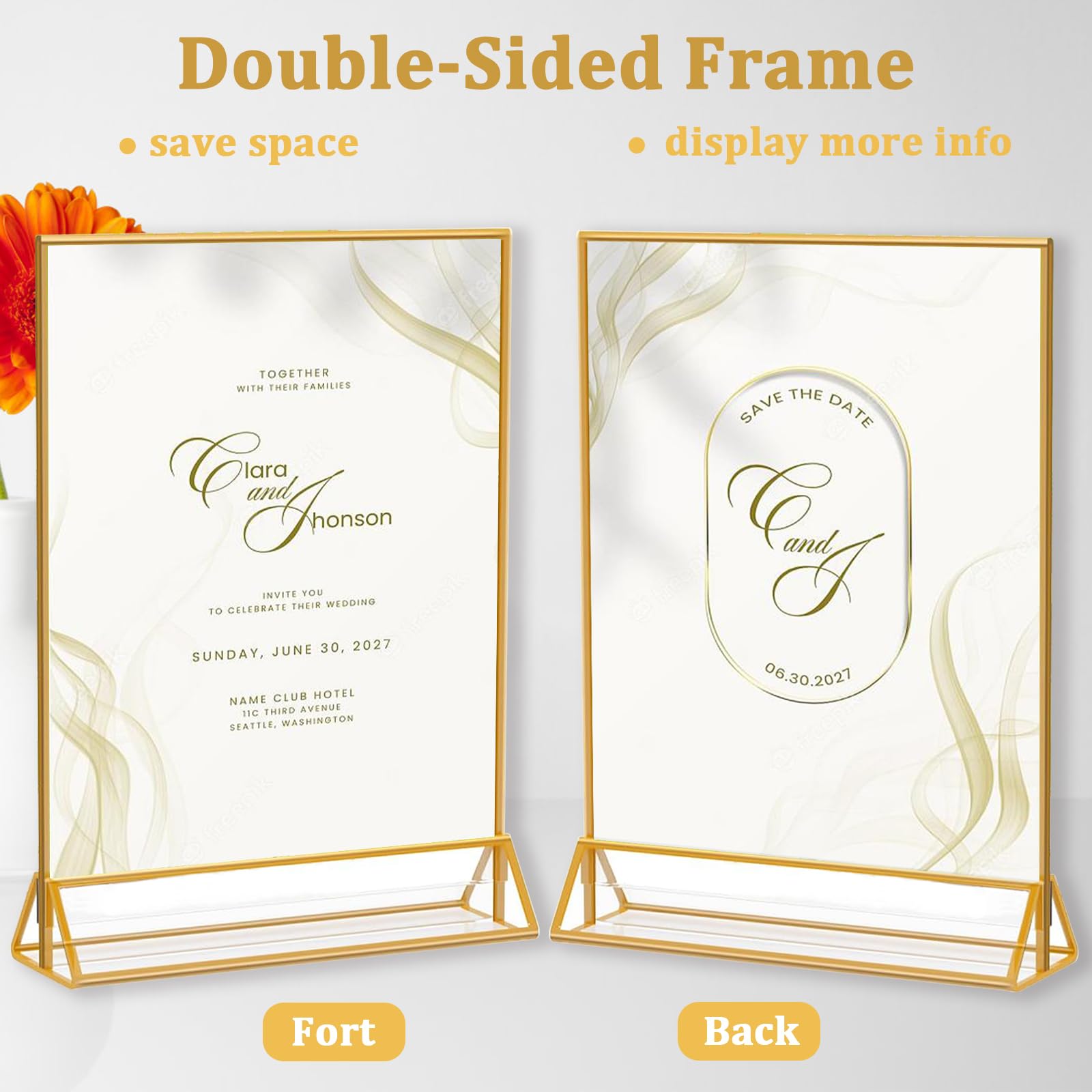 Climberty Acrylic Sign Holders for Table Menus with Stable Base 8pcs A4 Golden Frame | Clear Double Sided Display