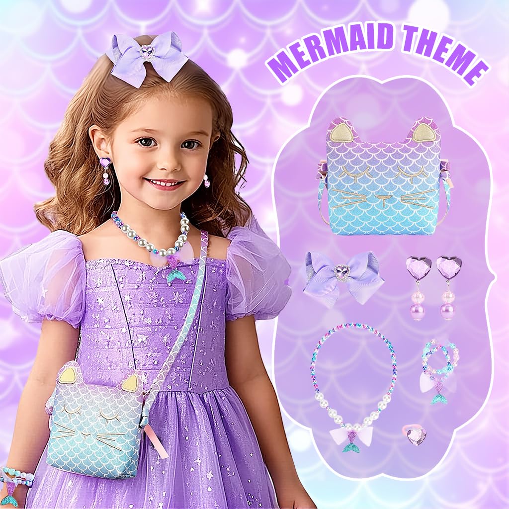 PATPAT Purse for Girls with Mermaid Jewelry Set featuring Sling Bag and Cat Design | Gift for Ages 3–10