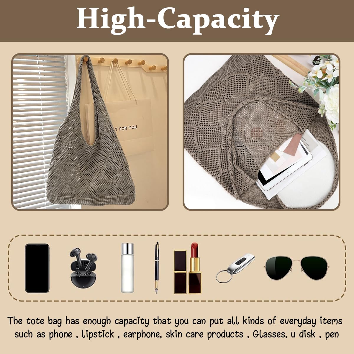 Venzina Hand Bag for Everyday Style featuring Hollow Out Crochet Design 29x37cm Khaki