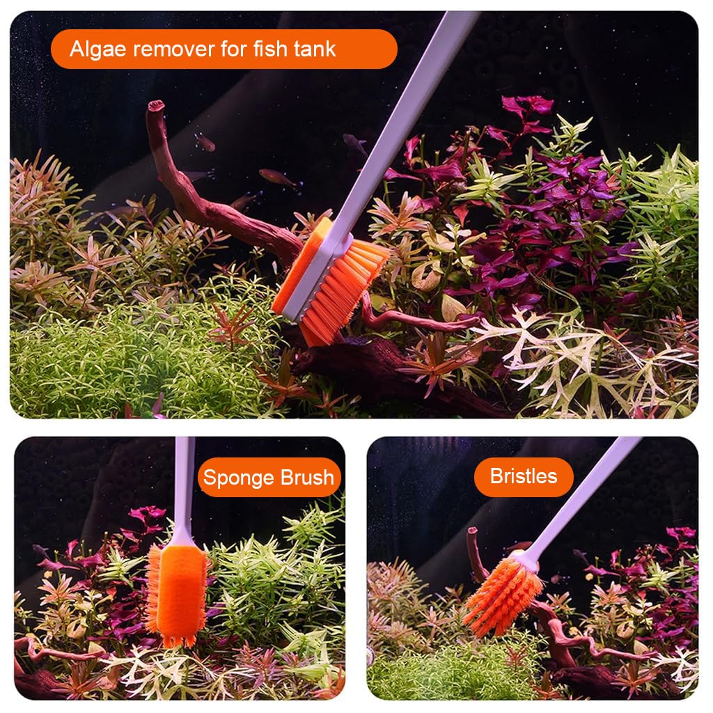 Qpets Aquarium Algae Cleaner for Small to Medium Tanks with Dual Head Brush & Felt Pad