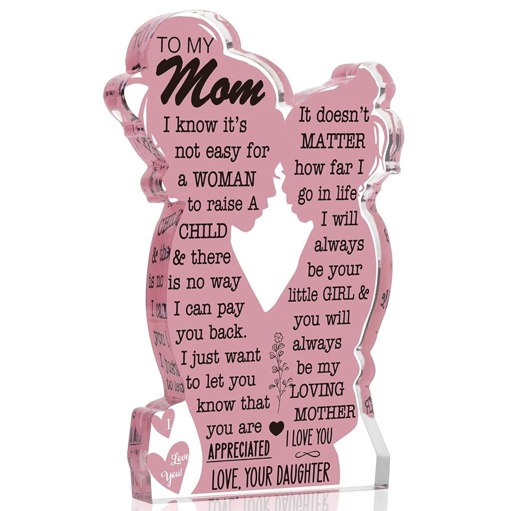 HASTHIP® Pink Acrylic Desk Decoration Mother's Day Gift from Daughter Heart Warming Lettering Appreciation Gift for Mother See-through Desk Decor, 12.7x7.6x1.5 cm