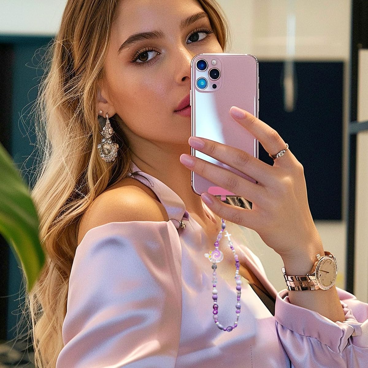 SANNIDHI Beads for Bracelet Making Kit for Girls with Pink Bow Charms | DIY Phone Strap Craft Set