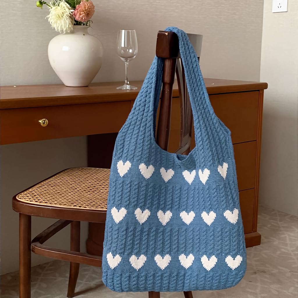Zibuyu Crochet Heart Tote Bag for Work School and Beach with Plush Charm | Cream and Red Knit Style