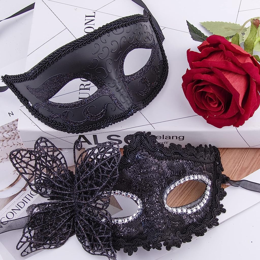 Optifit Masquerade Mask Set for Couples with Structured Half Face Design 17×9 cm | Lace and Black Styles for Party and Halloween