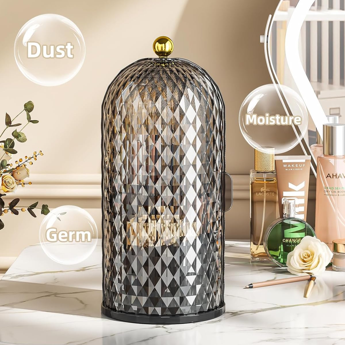 MAYCREATE Makeup Brush Holder for Vanity and Bathroom with 360 Rotating Base | 12.3×27 cm Clear Black Organizer