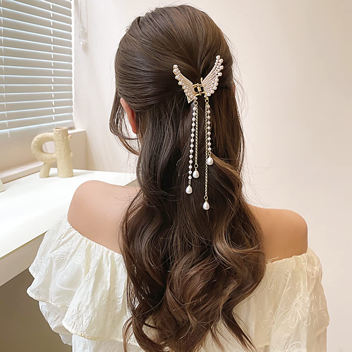 SANNIDHI Butterfly Hair Clips for Women with Crystal Pearl Tassel Design | 1 Pack