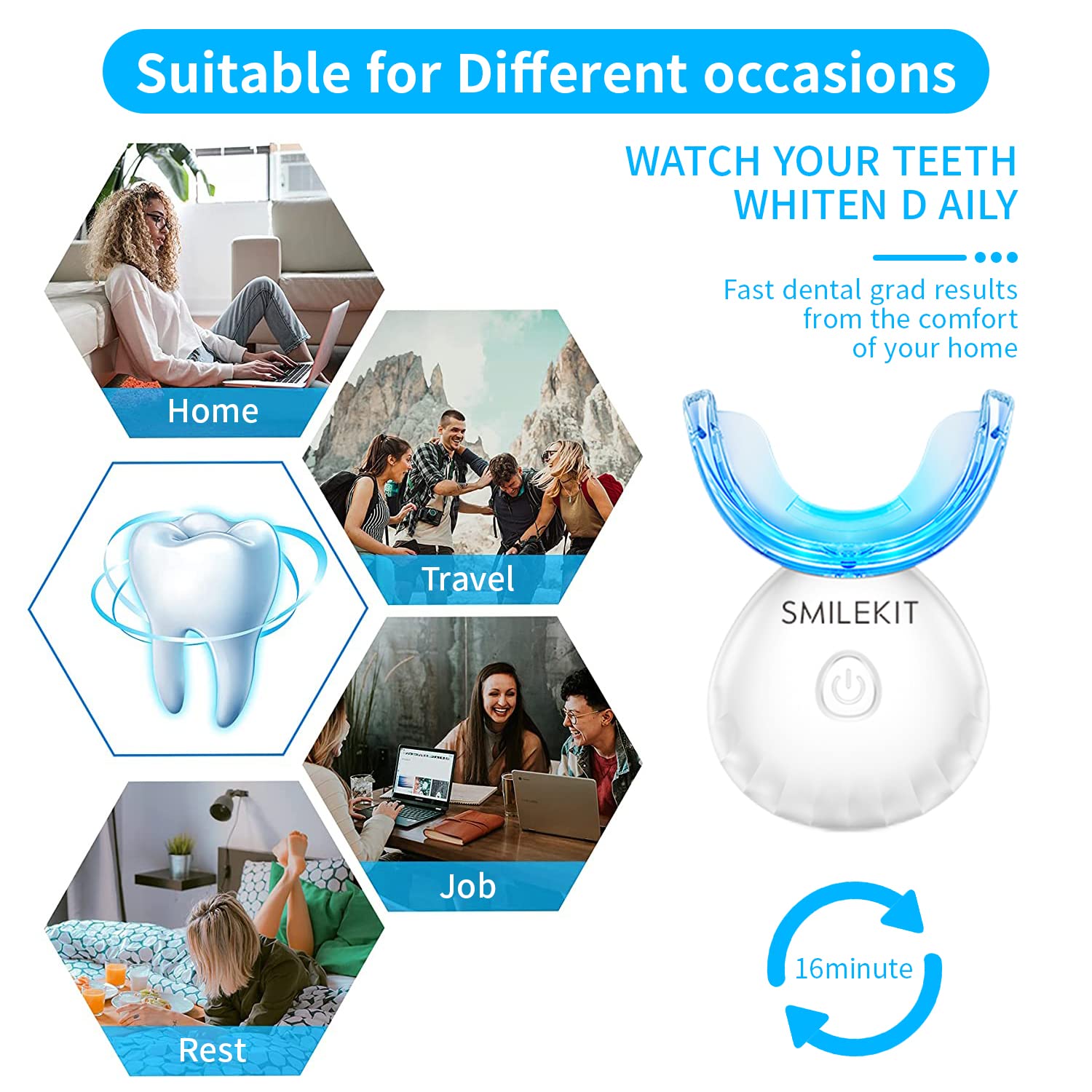 HANNEA Teeth Whitening Kit for Home Use with 16 LED Beads and 4 Whitening Gels | USB Rechargeable