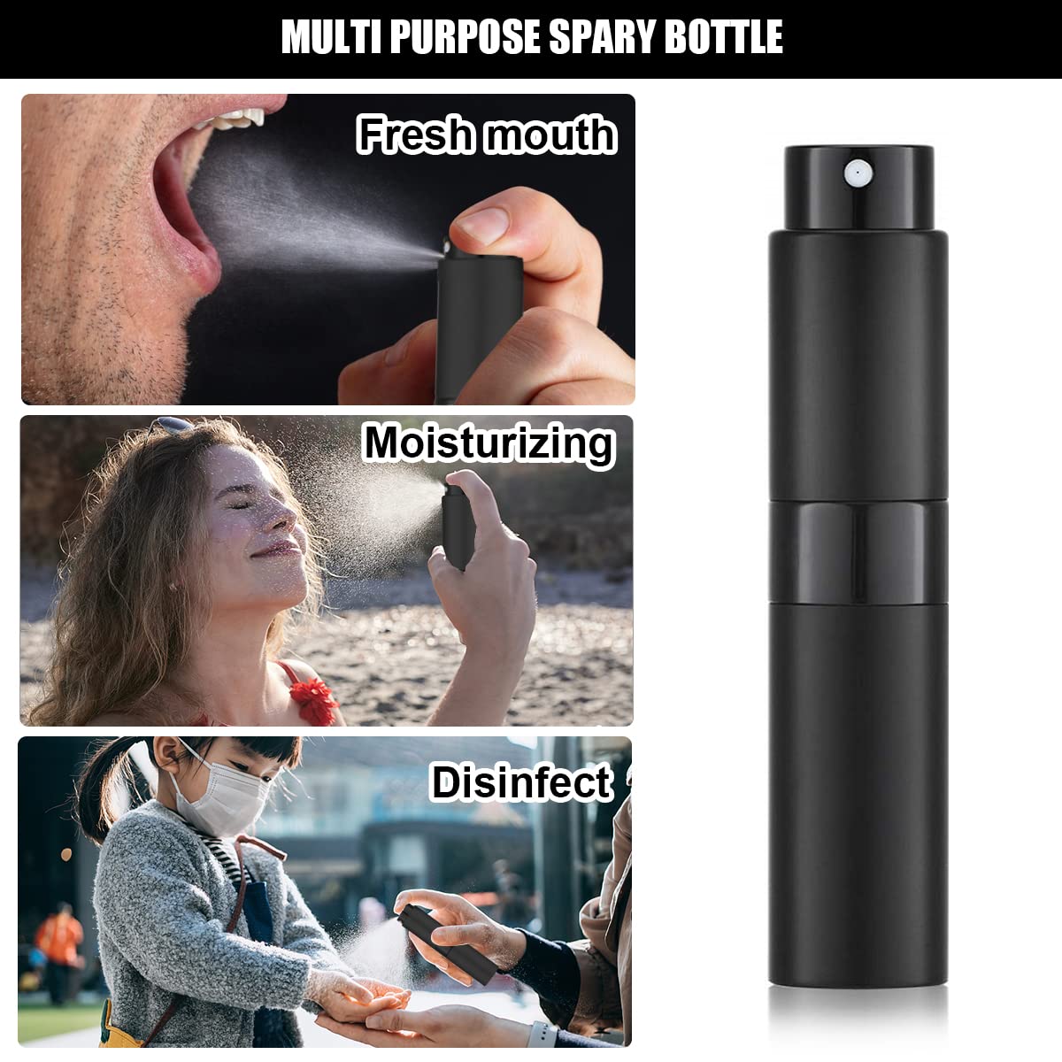HASTHIP Perfume Atomiser Dispenser for Travel with 8ml Glass Container and Fine Mist Spray | Black Refillable Bottle