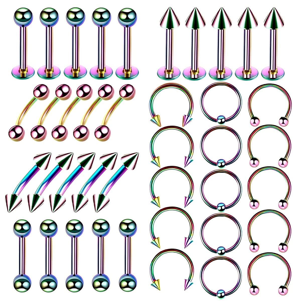 HASTHIP® 40pcs 16G Assorted Stainless Steel Body Button Rings Piercing Studs Jewelry Lot Kit for Nose, Lip, Tongue, Cartilage, Tragus Eyebrow, Barbell, Belly