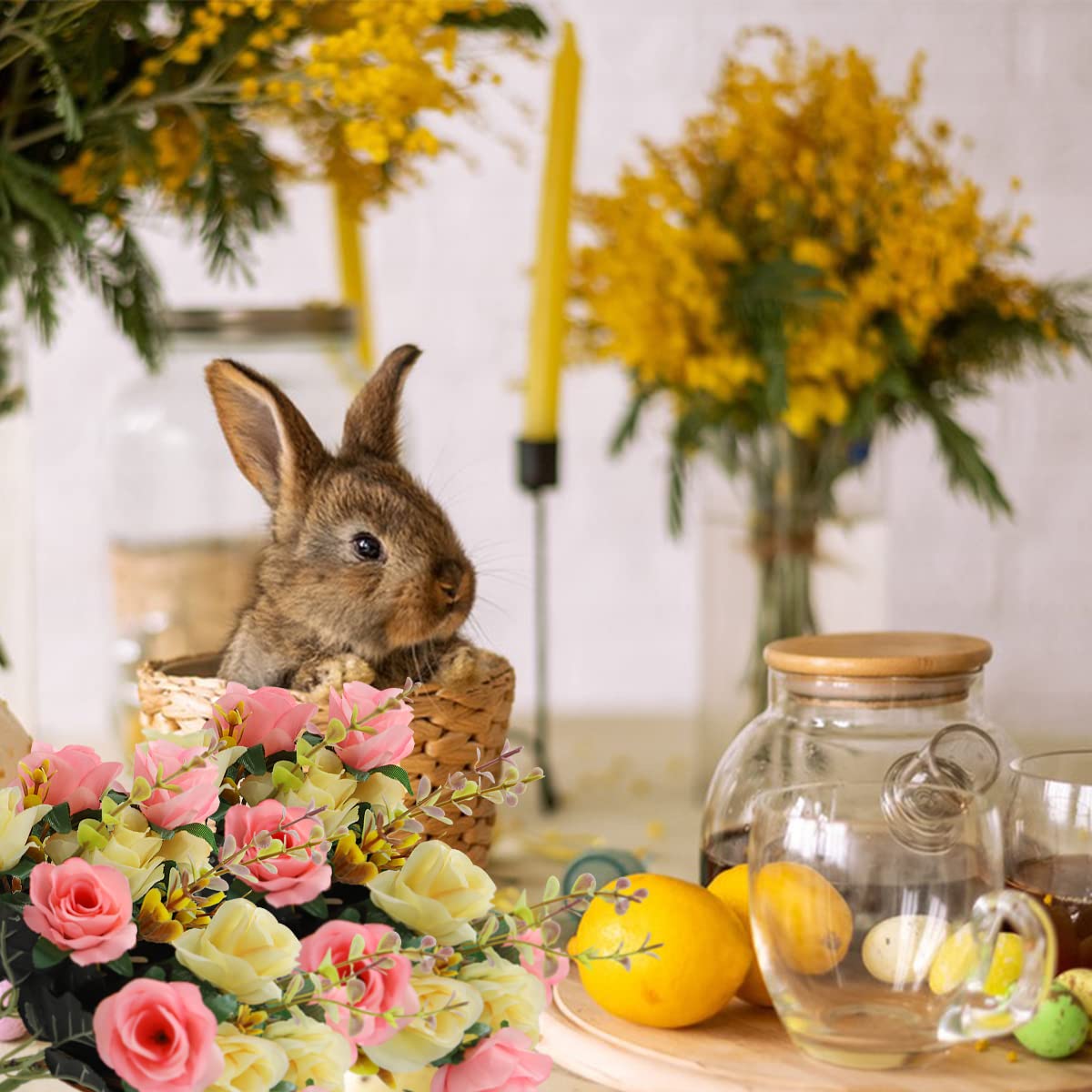 HASTHIP Artificial Rose Flowers for Home and Wedding Decor with 2 Bundles 24pcs Pink and White Silk Roses