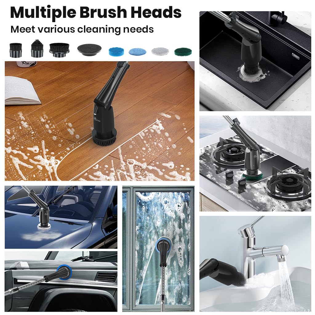 Supvox Electric Spin Scrubber for Bathroom and Floor Cleaning with 8 Heads and 3 Speeds | Adjustable Handle & IPX7 Waterproof Design