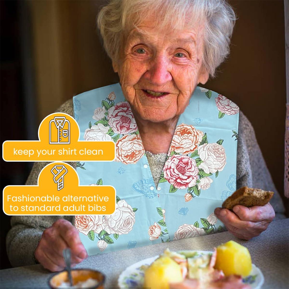 MAYCREATE Adult Bib Scarf for Dining with Adjustable Snap Closure and Dacron Fabric | Elegant Washable Accessory for Elderly Women