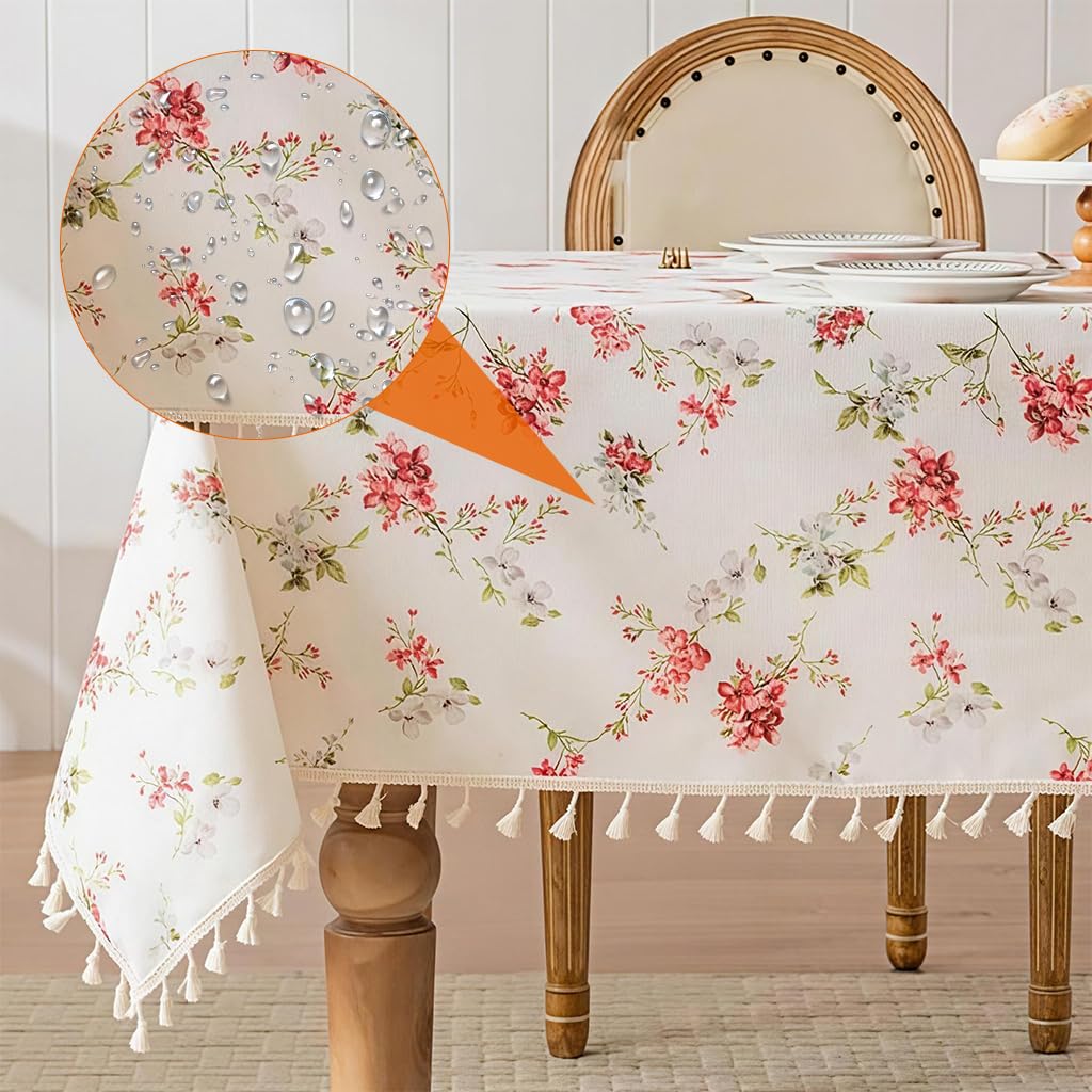 HASTHIP Dining Tablecloth for 4 to 6 Seater Tables featuring Tassels and Water‑Resistant Linen Blend in Red | 140x200 cm