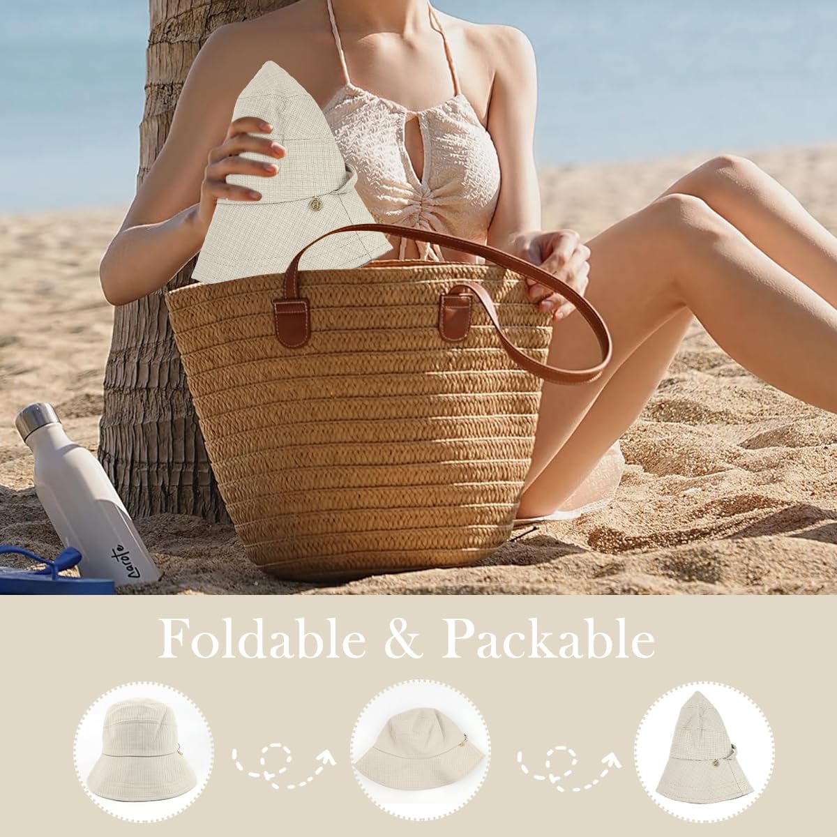 SANNIDHI Womens Sun Hats for Beach and Outdoor Use with Wide Brim UV Protection | 2PCS Beige