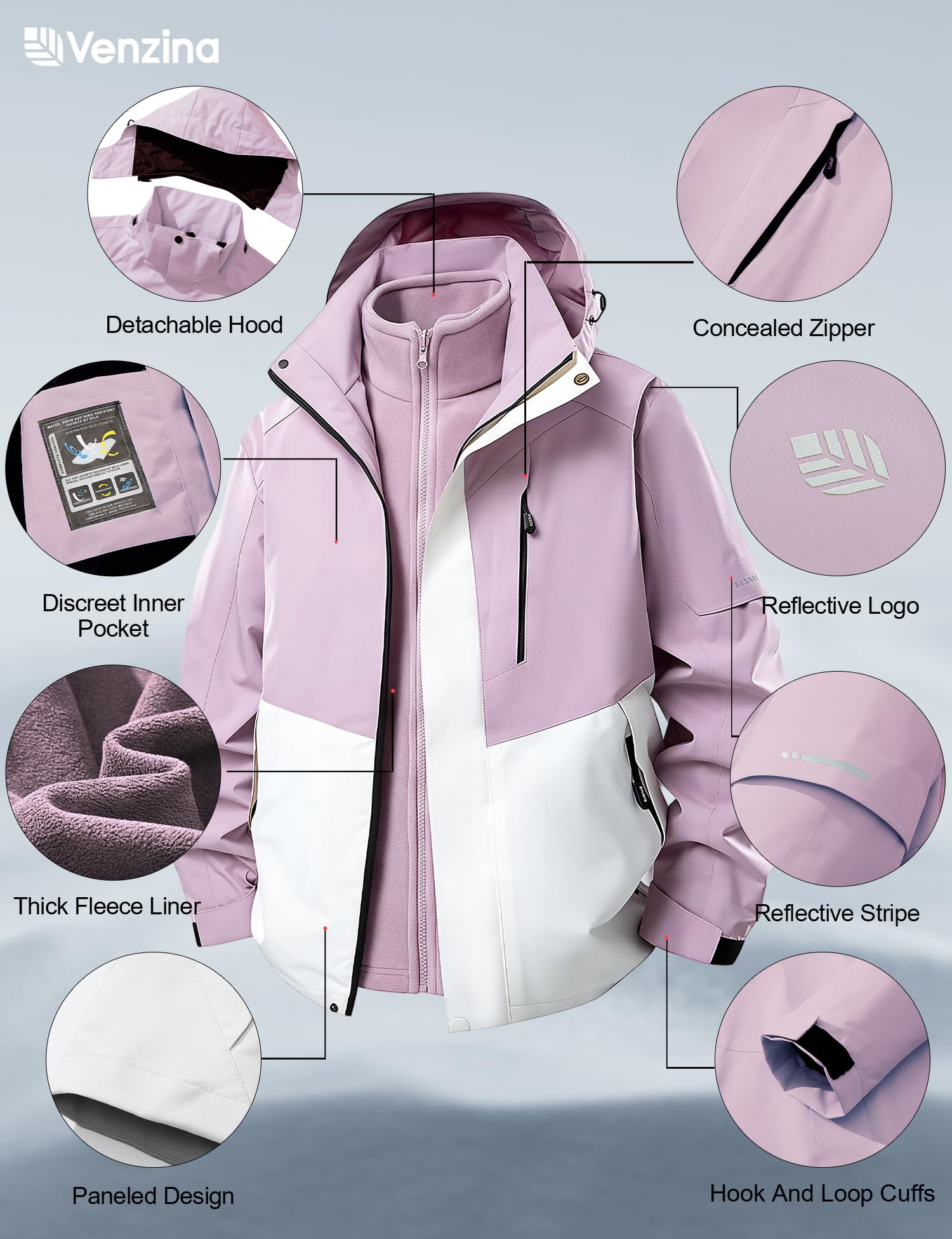 Venzina Women's 3 in 1 Waterproof Jacket for Hiking and Winter with Detachable Fleece Liner | Purple XL